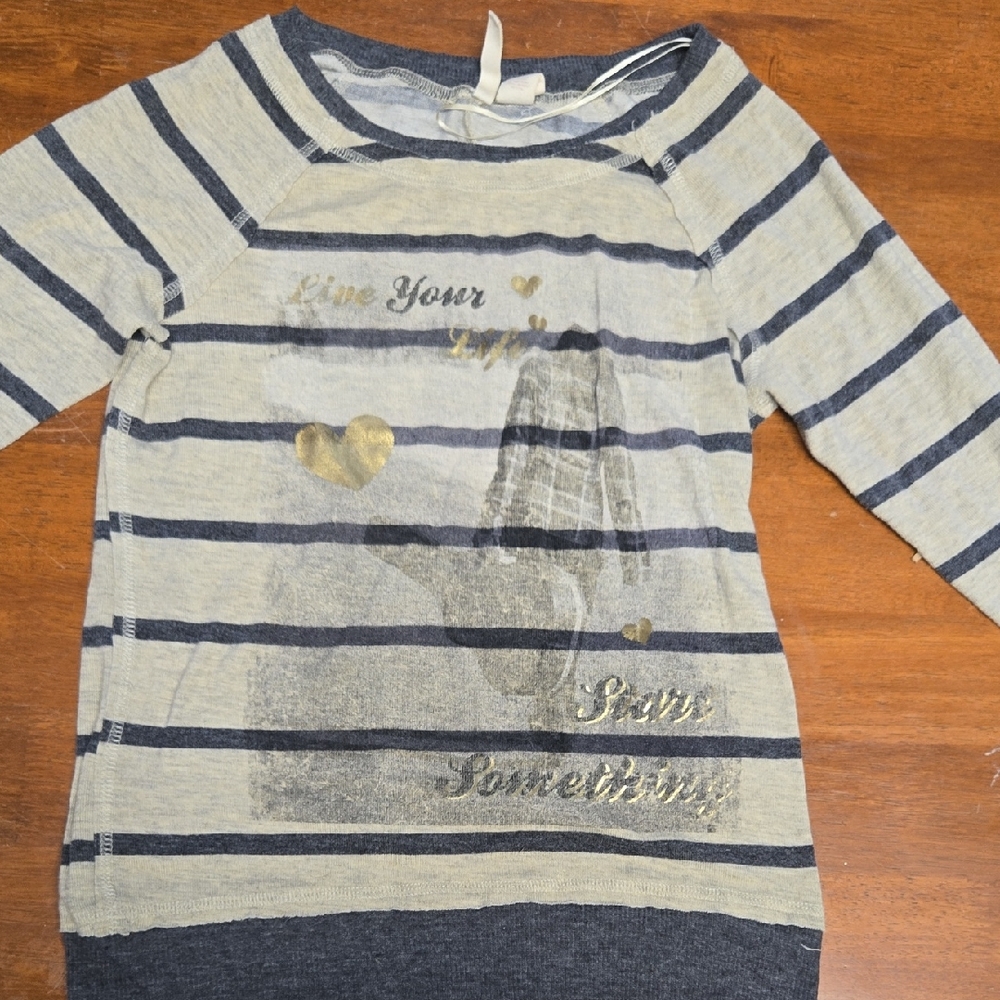 Red Camel Gray Striped Long-Sleeve Top with Gold Accents